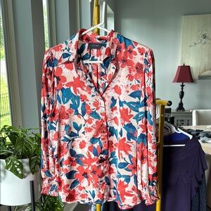 Pink and Blue Long Sleeve Button Down Shirt with Notched Collar